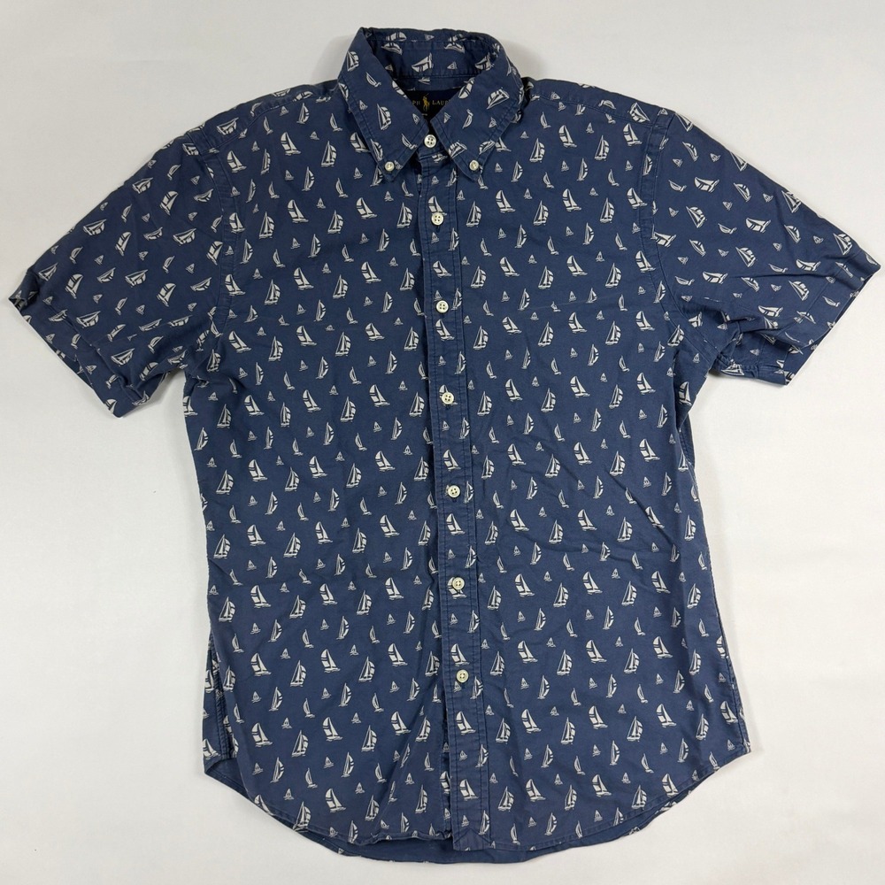 Polo Ralph Lauren Mens Medium Blue Sailboat Print Short Sleeve Shirt Slim Fit